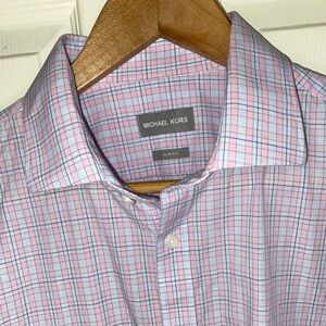 Michael Kors Men’s Slim Fit Button-Down Shirt | XL Neck 17 | Blue & Pink Check